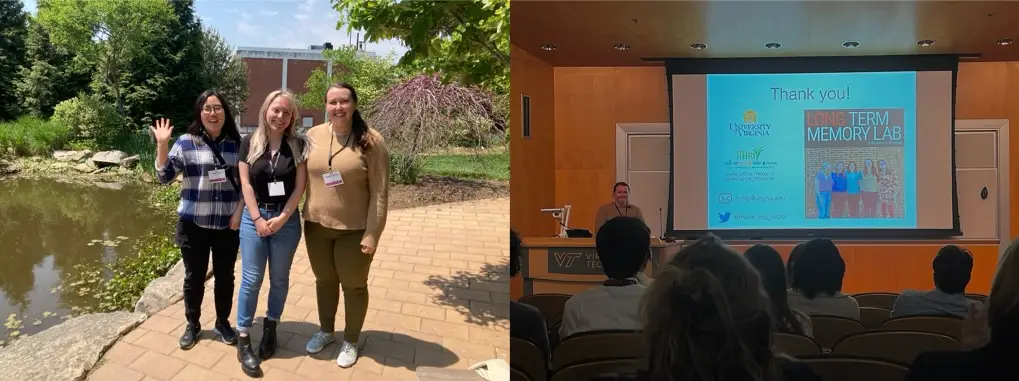 A researcher standing outdoors on a campus path, conference badge visible