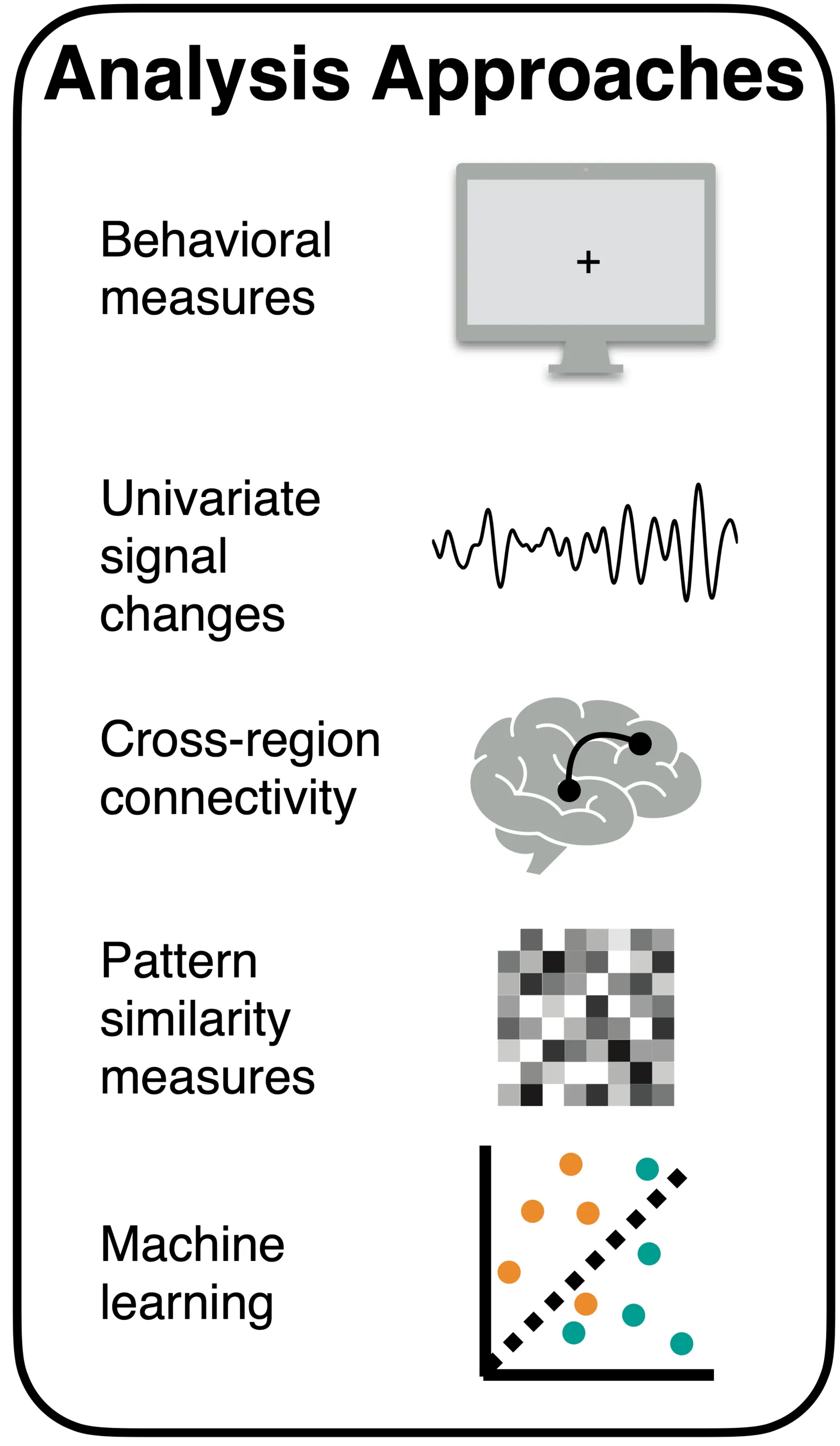 Overview of the lab’s analysis pipeline, from behavioral responses and univariate measures through connectivity to multivariate decoding.