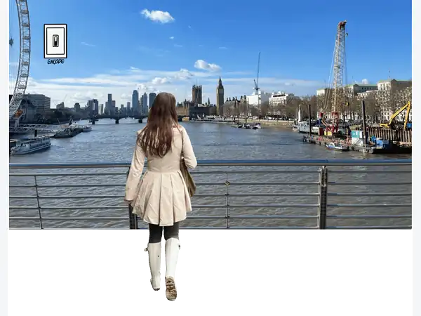 A woman on a bridge looking out over a city river. The view fades to grey and blurs while a thought bubble shows her memory of the same scene, and a switch in the corner flips between ENCODE and RETRIEVE.