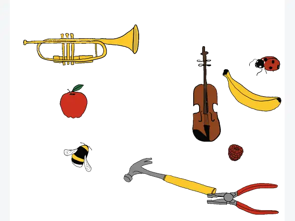 A trumpet, violin, apple, banana, ladybug, bee, hammer and pliers drifting into one labelled grouping after another: by colour, by category into instruments, fruits, insects and tools, and along an axis from functional to visual.